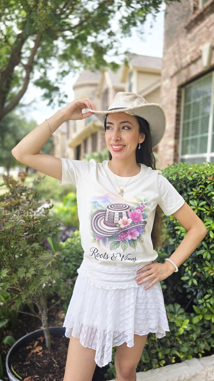 Roots & Vinas tee, worn outdoors